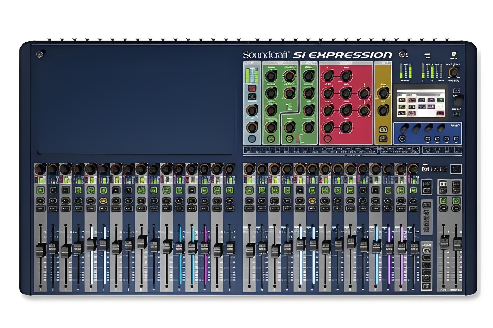 Soundcraft Si Expression 3 Draufsicht mit farbcodierten Bedienelementen und integrierter Lexicon-Effektsektion