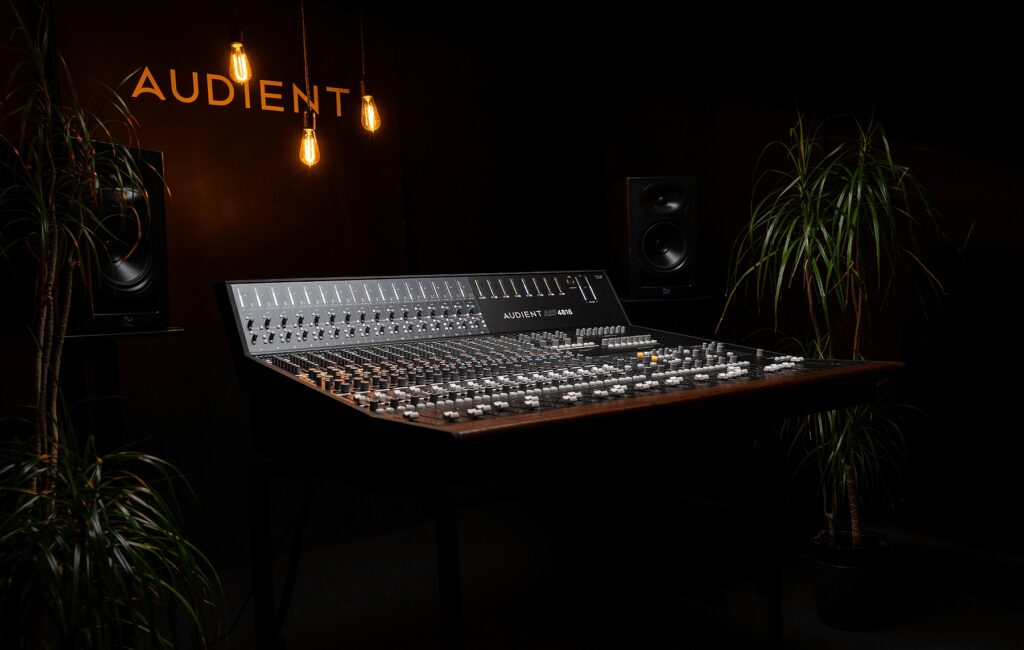 Audient ASP4816 SE analog mixing console front panel showing channel strips and bus structure