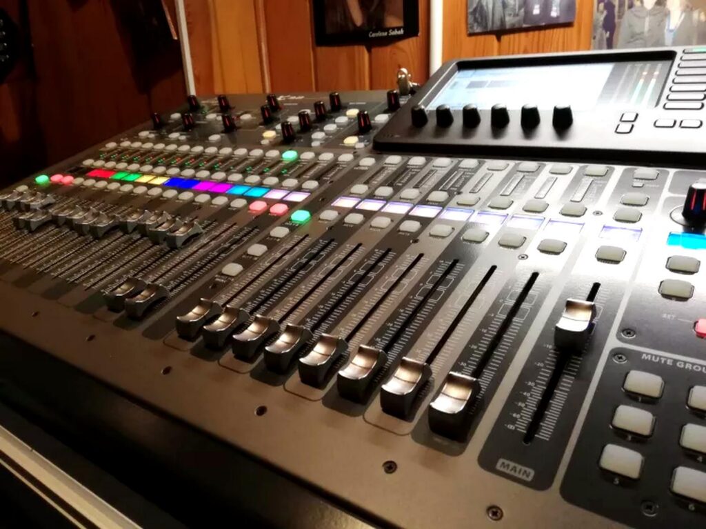 Pro mixing console master section showing subgroup buses, master bus, and matrix routing