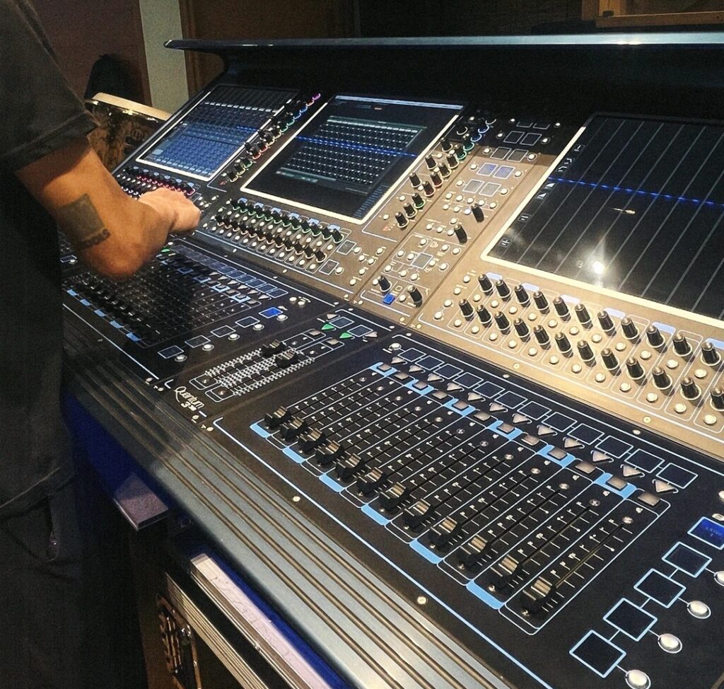 DiGiCo Quantum 338 digital live sound mixing console at FOH position