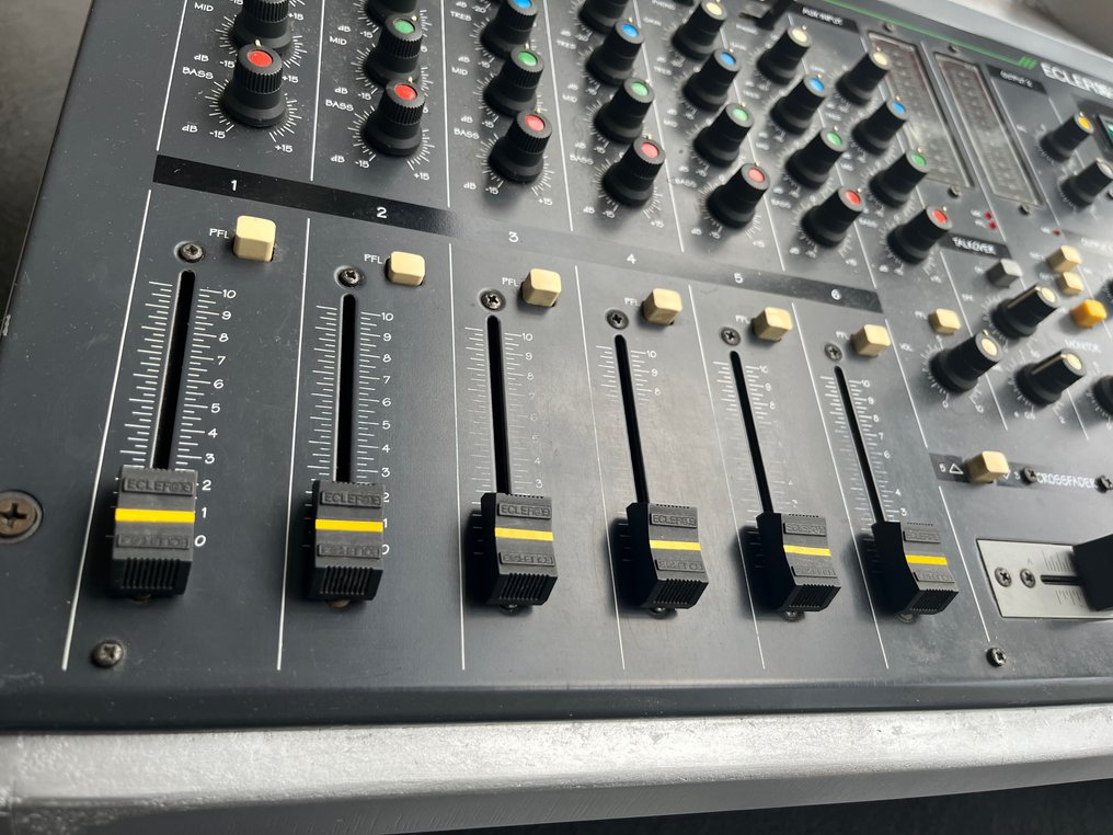Large-format analog mixing console close-up showing faders and channel strips