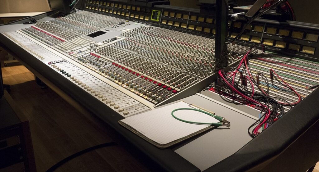 Solid State Logic large-format analog mixing console in a commercial recording studio