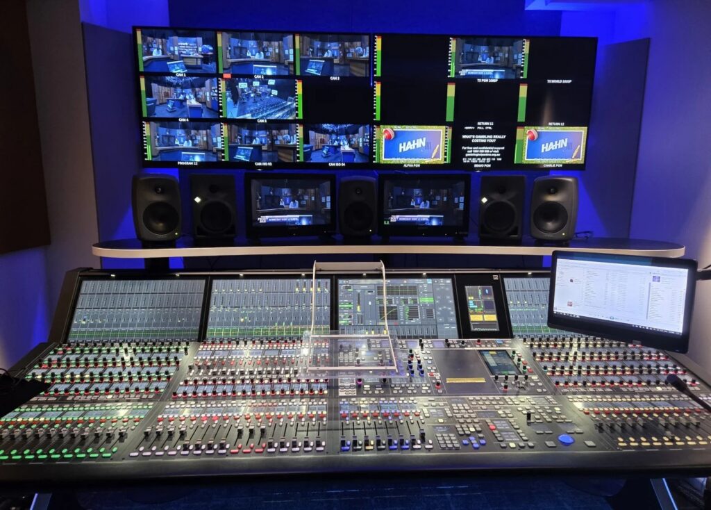 Lawo IP-native broadcast mixing console deployed in a multi-screen TV control room