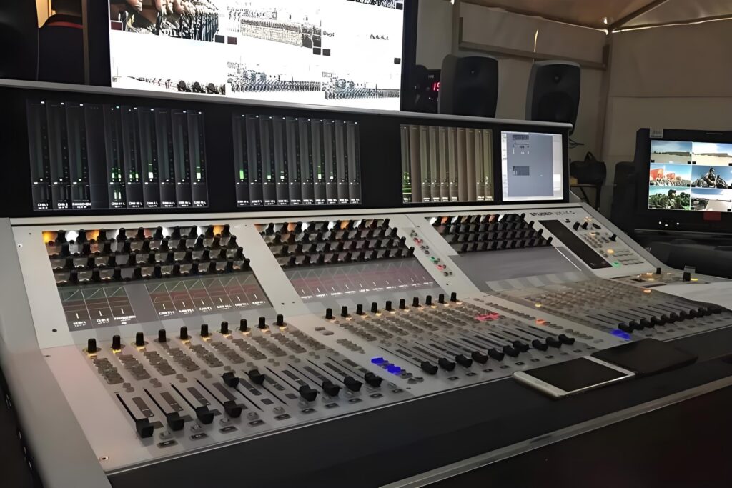Broadcast OB truck mixing console with multi-screen camera monitoring