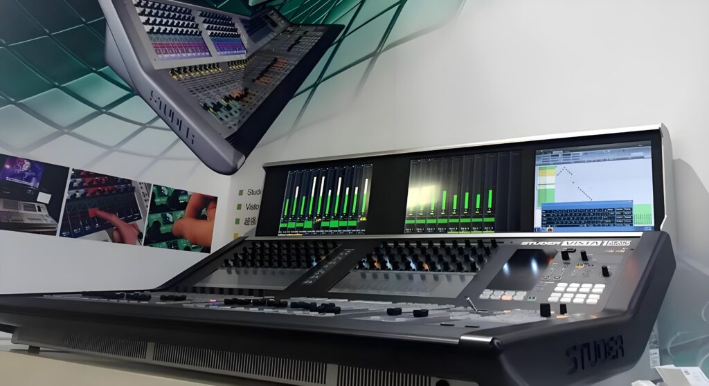 Studer Vista digital broadcast mixing console in a TV facility control room