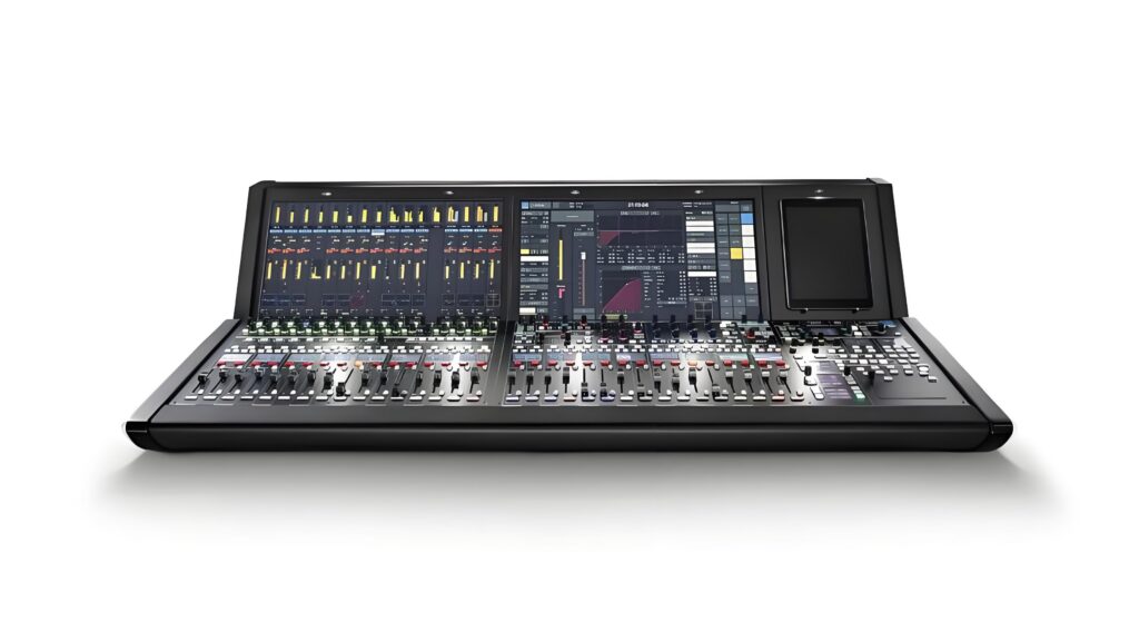 Lawo mc² IP-native broadcast mixing console with touchscreen meter bay and channel strips