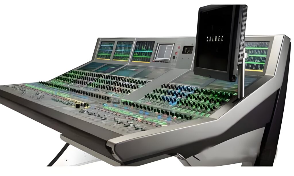 Calrec broadcast mixing console with branded monitoring screen for TV and radio applications