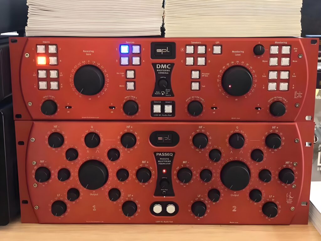 SPL DMC mastering console combined with SPL PASSEQ passive mastering equalizer in a pro mastering rack