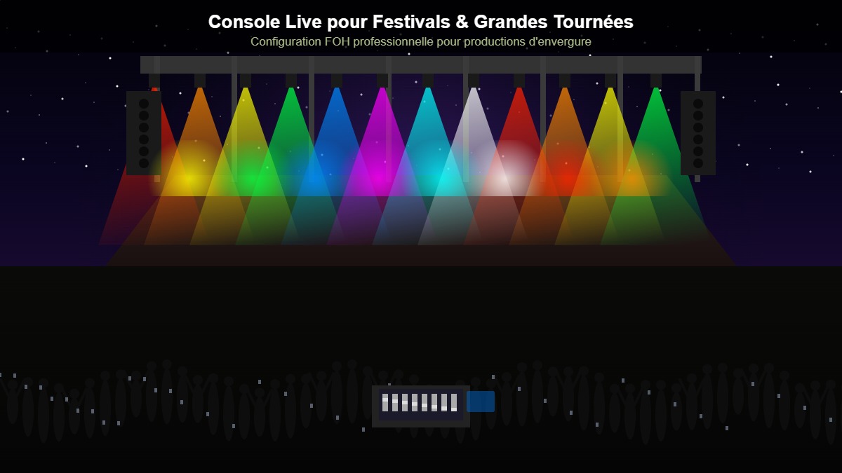 Console de mixage FOH lors d'un festival avec scène éclairée et foule