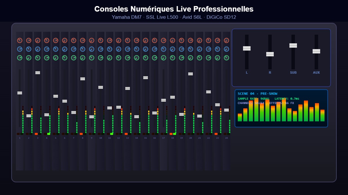 Console de mixage numérique professionnelle avec faders, écran et indicateurs LED