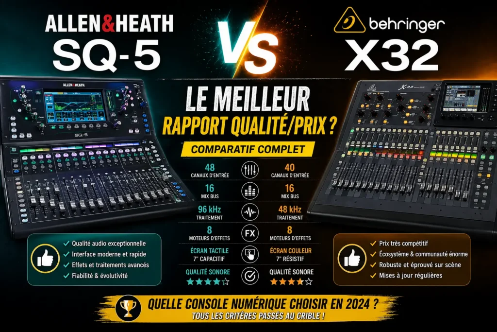 Comparatif visuel entre la console numérique Allen & Heath SQ5 et la Behringer X32 pour évaluer le meilleur rapport qualité/prix en sonorisation professionnelle.